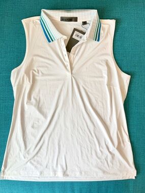 G/FORE White Sleeveless Polo Tank with Blue & Teal Stripe Collar